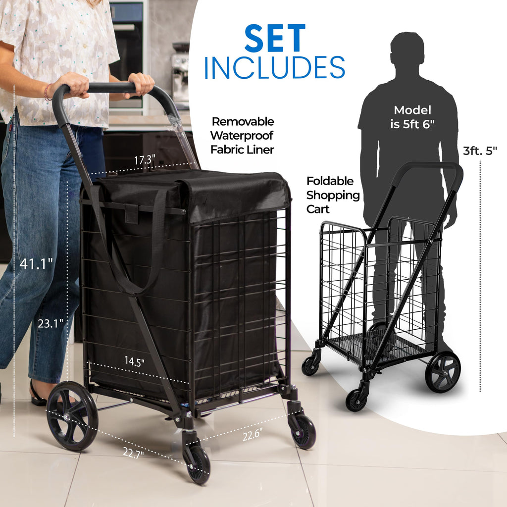 Large Folding Utility Shopping Cart with Removable Liner, 110 lb Capacity, Black D8267