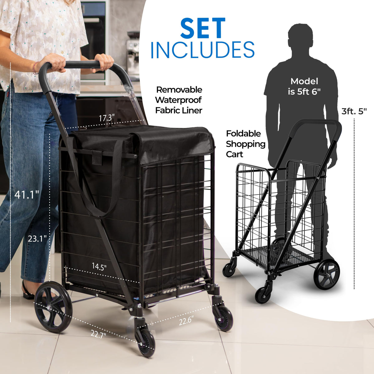 Large Folding Utility Shopping Cart with Removable Liner, 110 lb Capacity, Black D8267