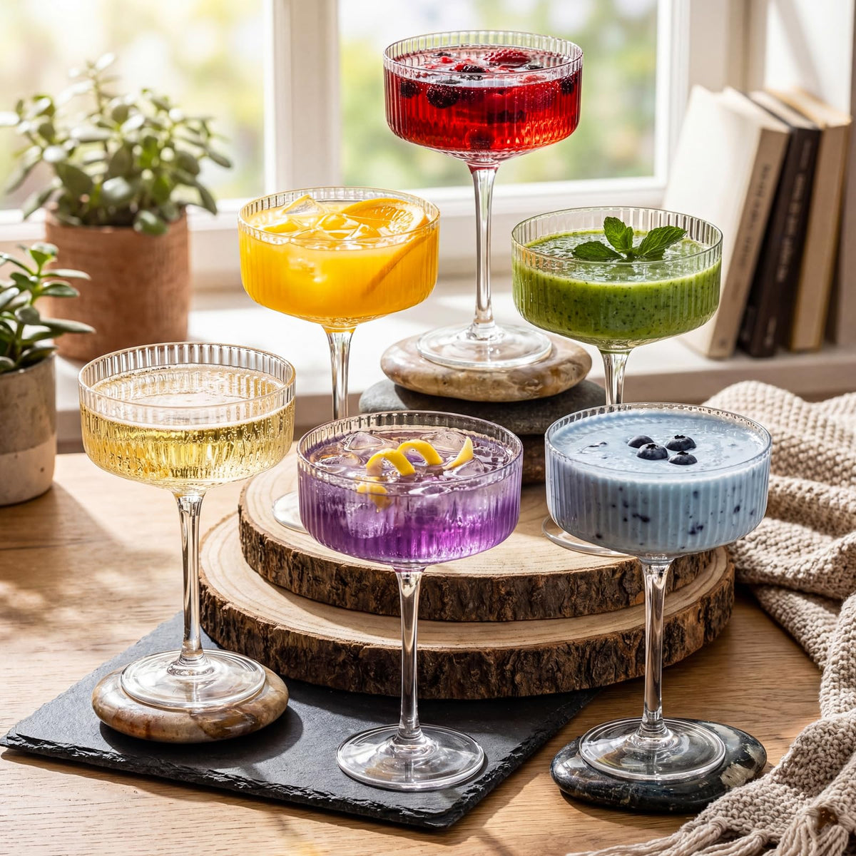 Set of 6 8 oz Clear Ribbed Coupe Glasses O1821