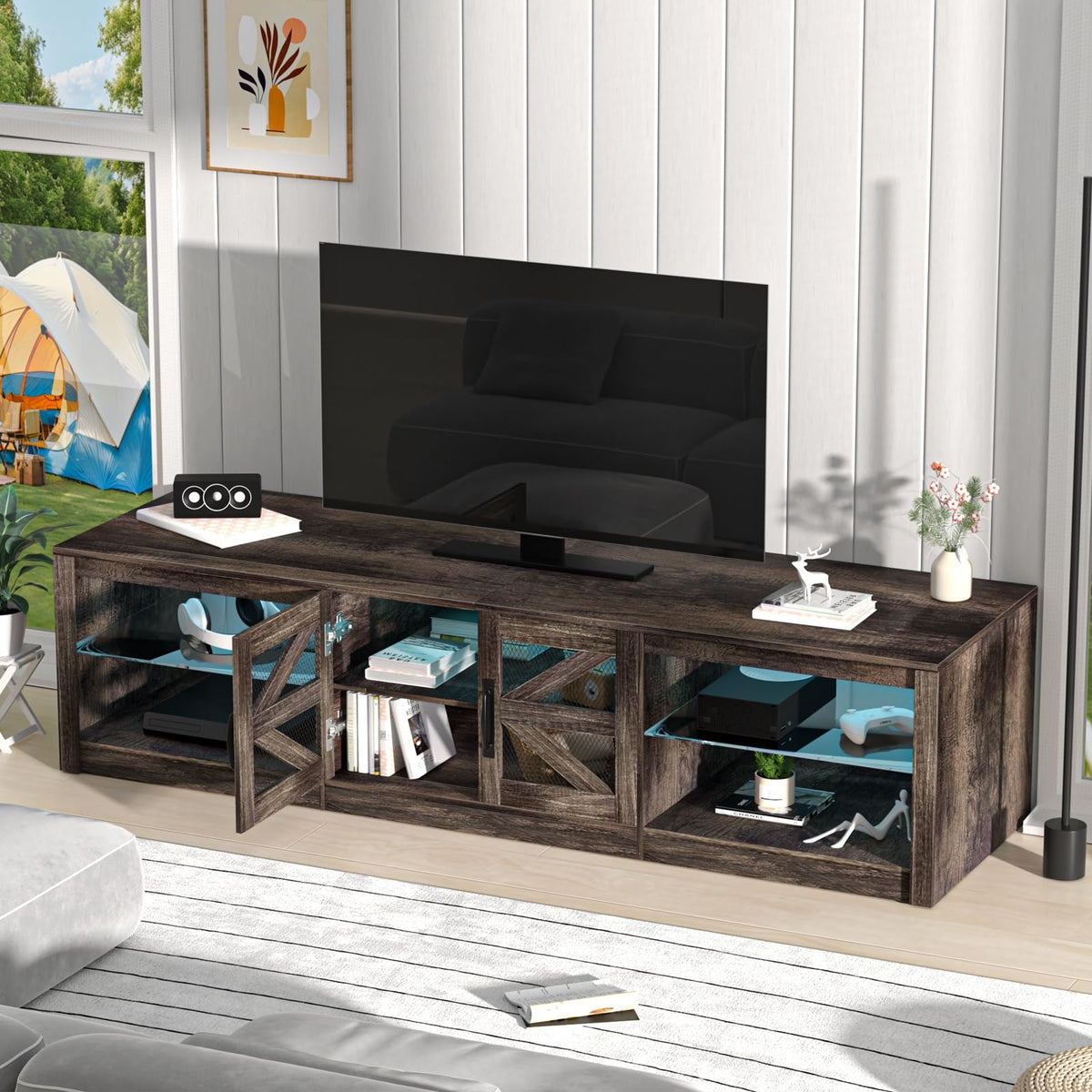 Rustic Brown Grey TV Stand with Sliding Barn Door Y56522
