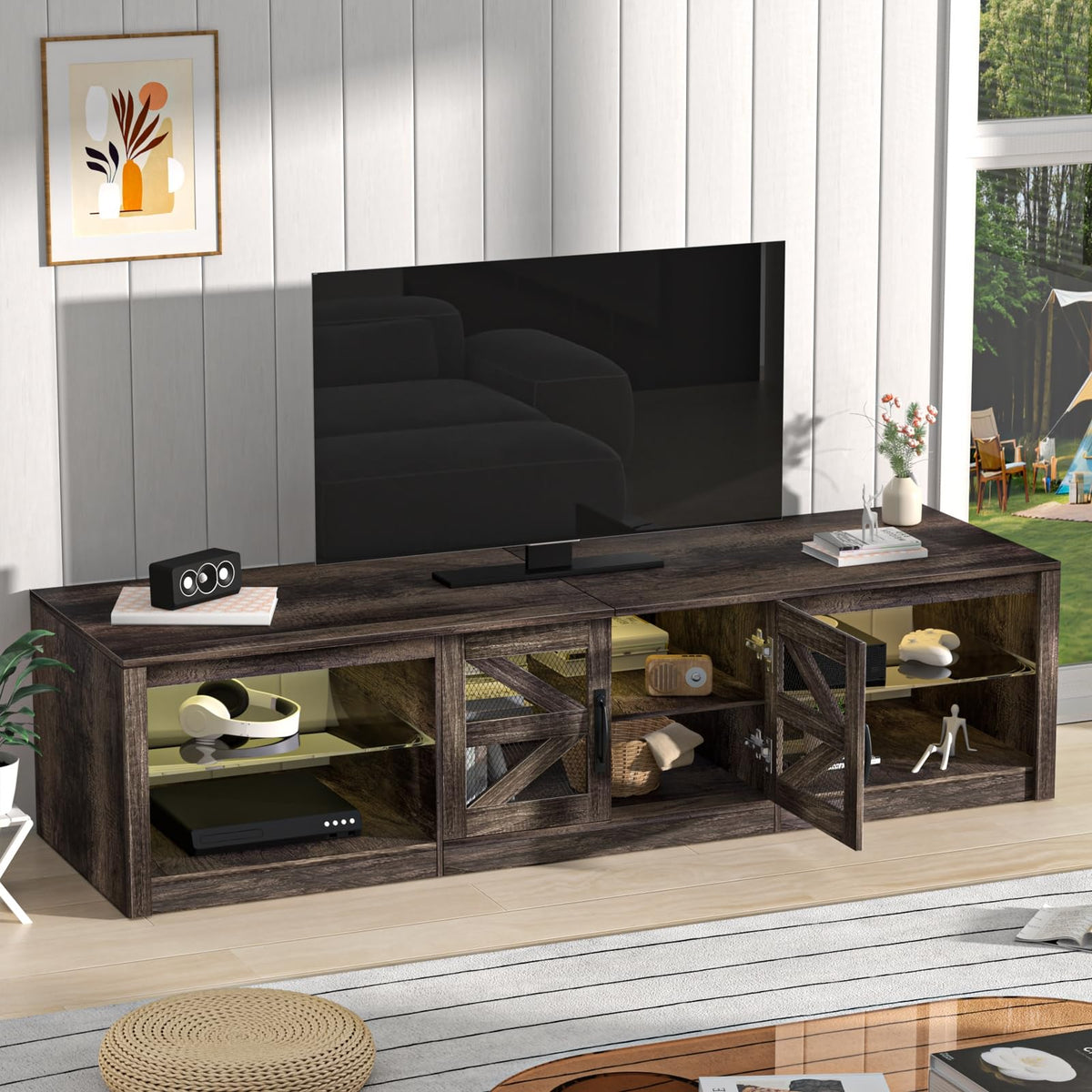 Rustic Brown Grey TV Stand with Sliding Barn Door Y56522