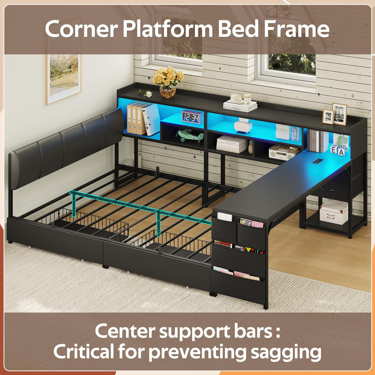 Black Corner Bed Frame Full with Storage and Desk F763637
