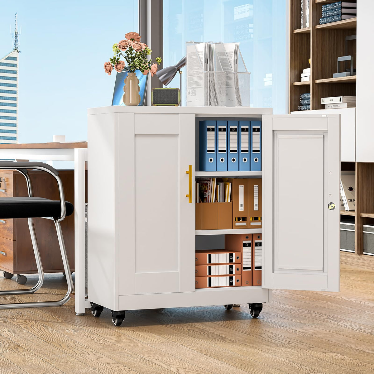 White Metal Storage Cabinet with Wheels W1485
