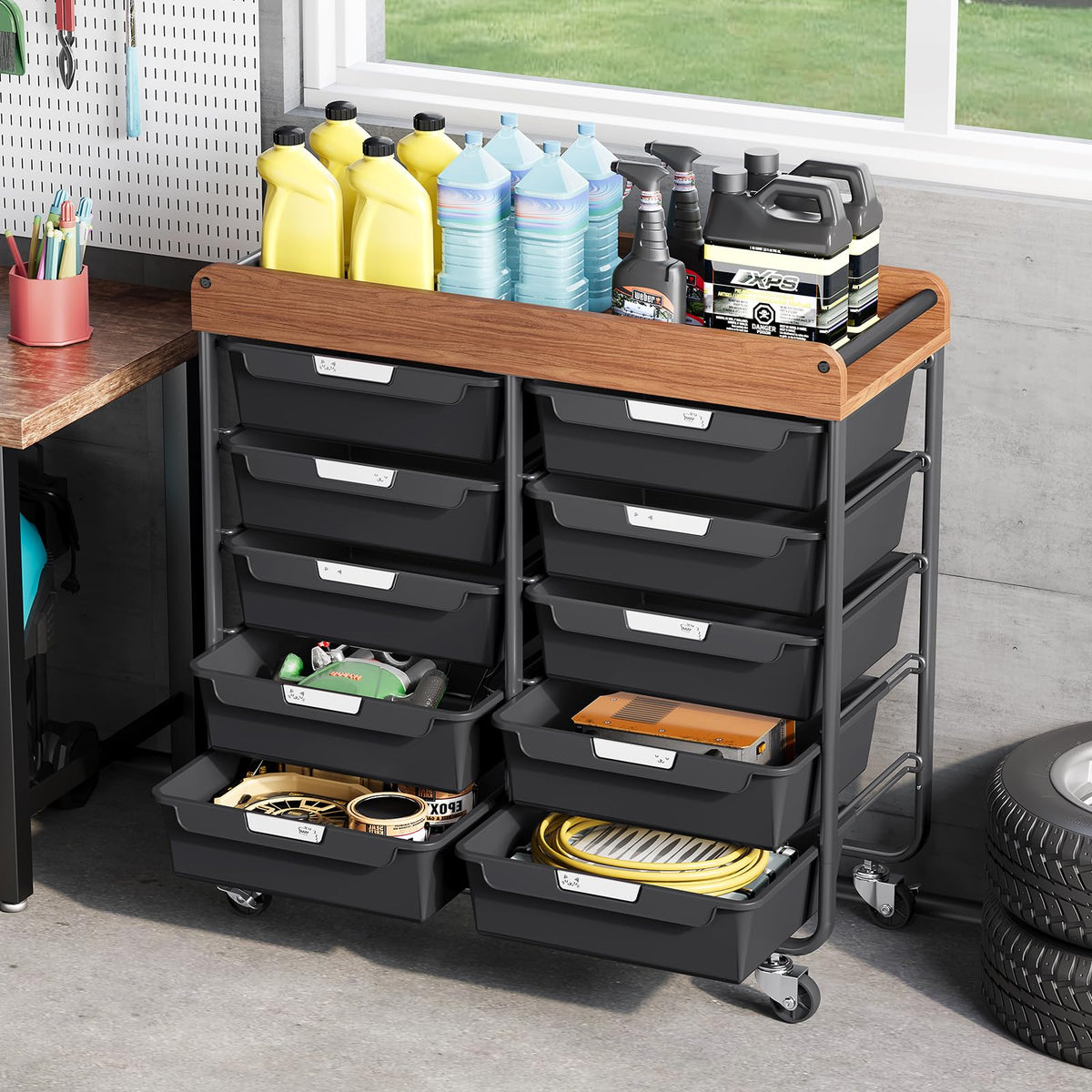 10 Drawer Rolling Storage Cart with Wooden Tabletop M1358