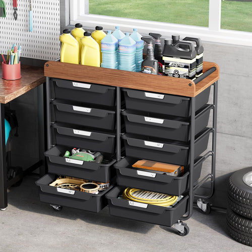 10 Drawer Rolling Storage Cart with Wooden Tabletop M1358