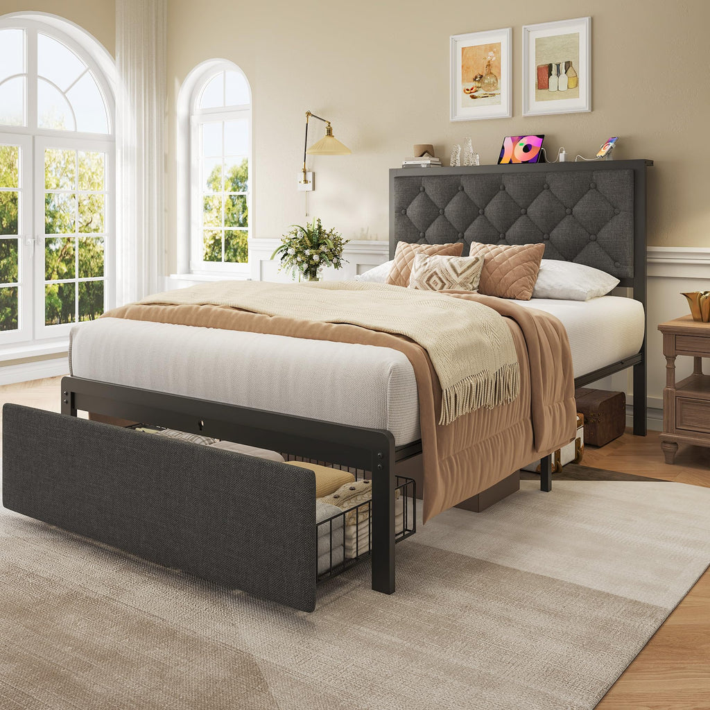 Grey Twin Bed Frame with Storage Drawer G97007