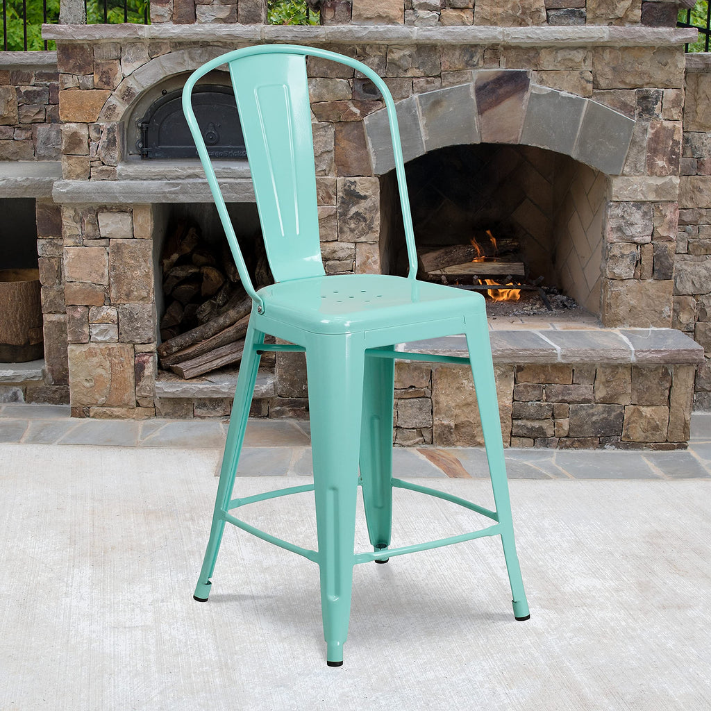 Mint Green Metal Counter Height Stool with Back M957
