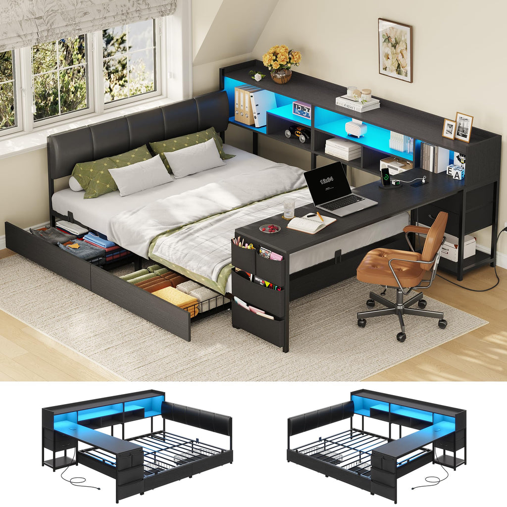 Black Corner Bed Frame Full with Storage and Desk F763637