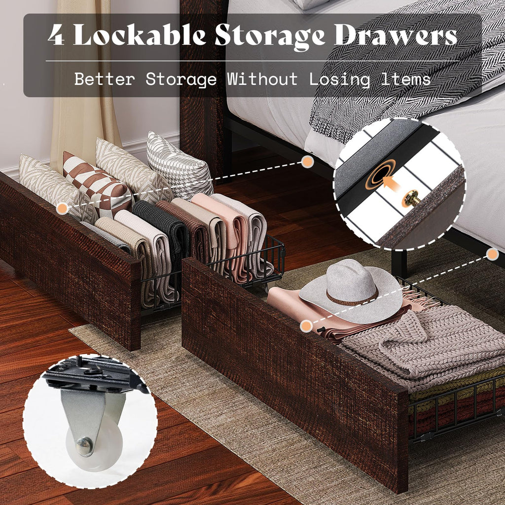 King Brown Storage Bed with Bookcase Headboard & Drawer E76867