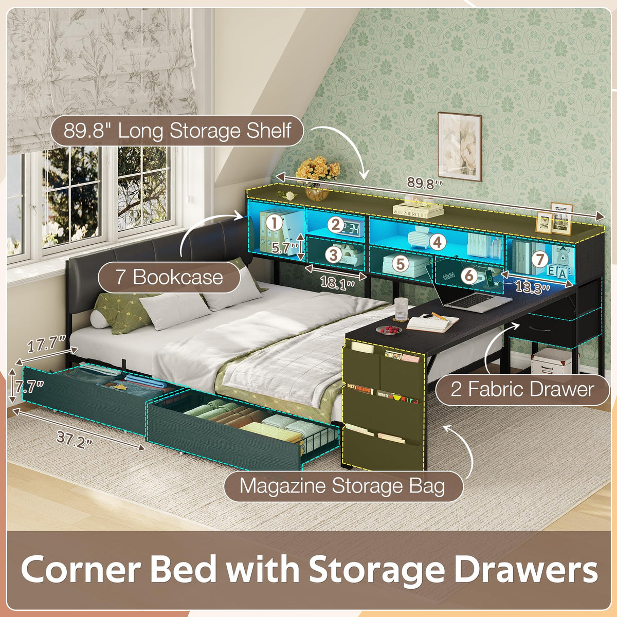 Black Corner Bed Frame Full with Storage and Desk F763637