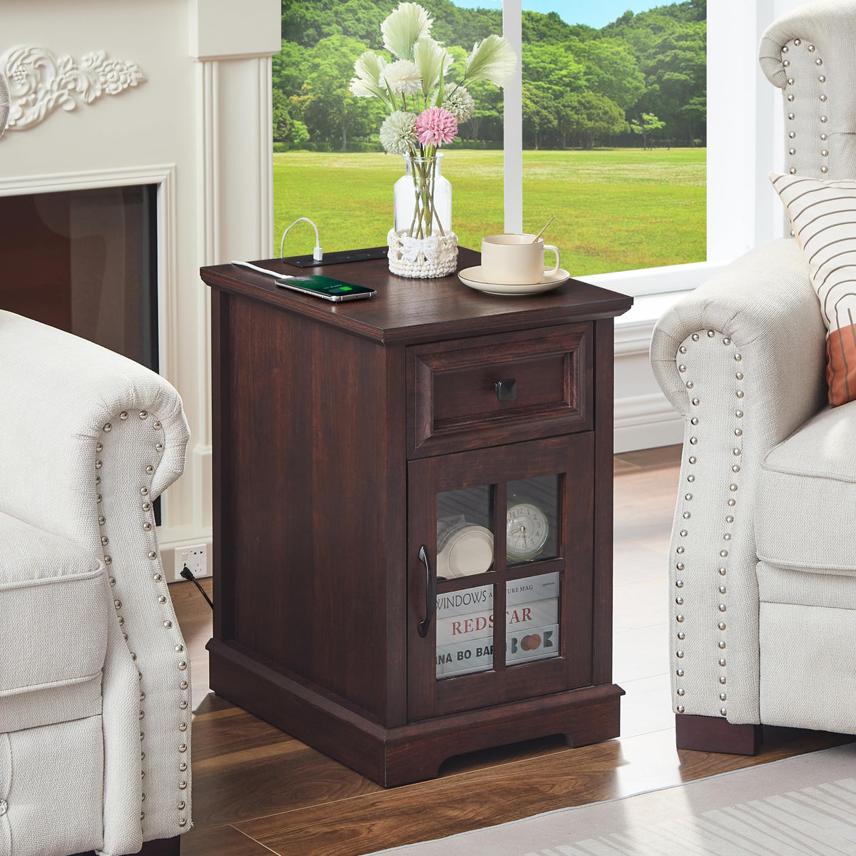 Cherry Side Table with Charging Station D624602