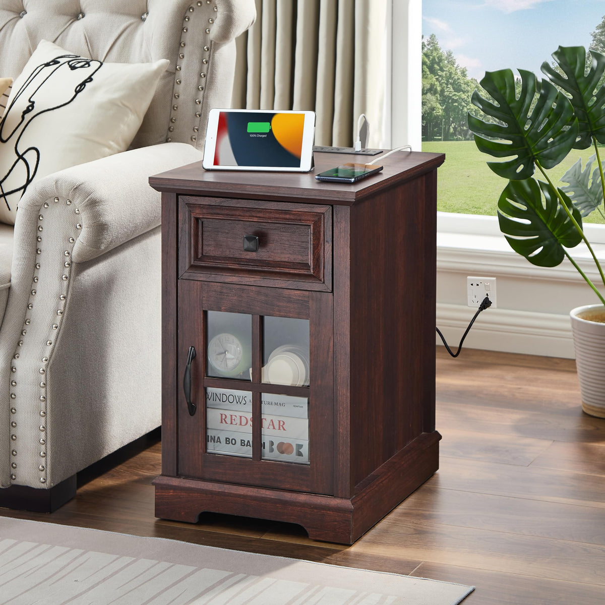 Cherry Side Table with Charging Station D624602