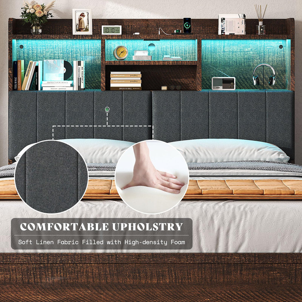 King Brown Storage Bed with Bookcase Headboard & Drawer E76867