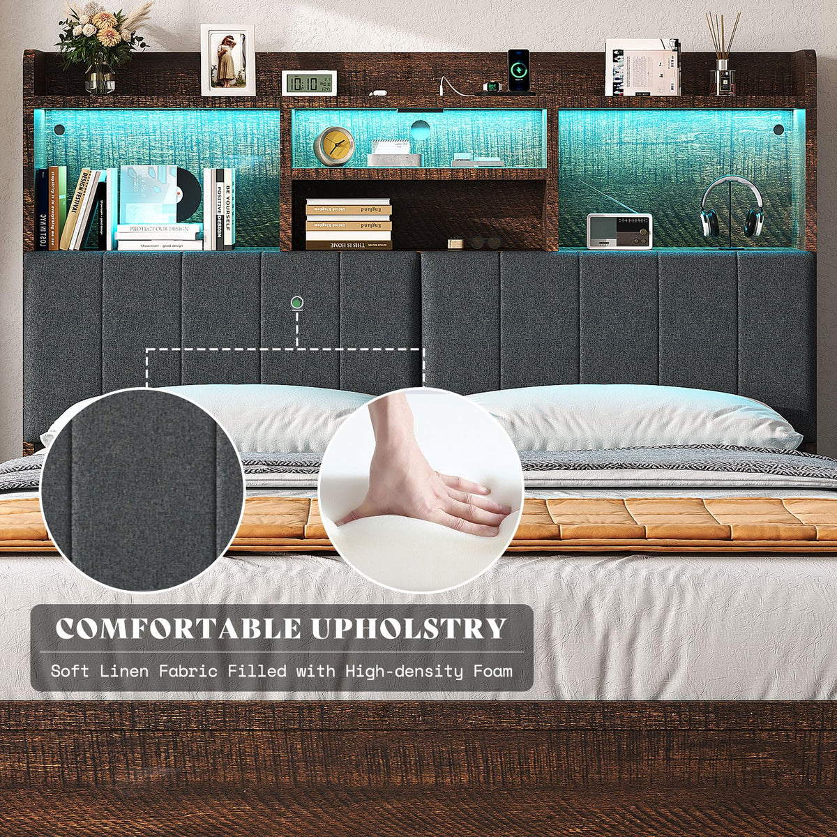 King Brown Storage Bed with Bookcase Headboard & Drawer E76867