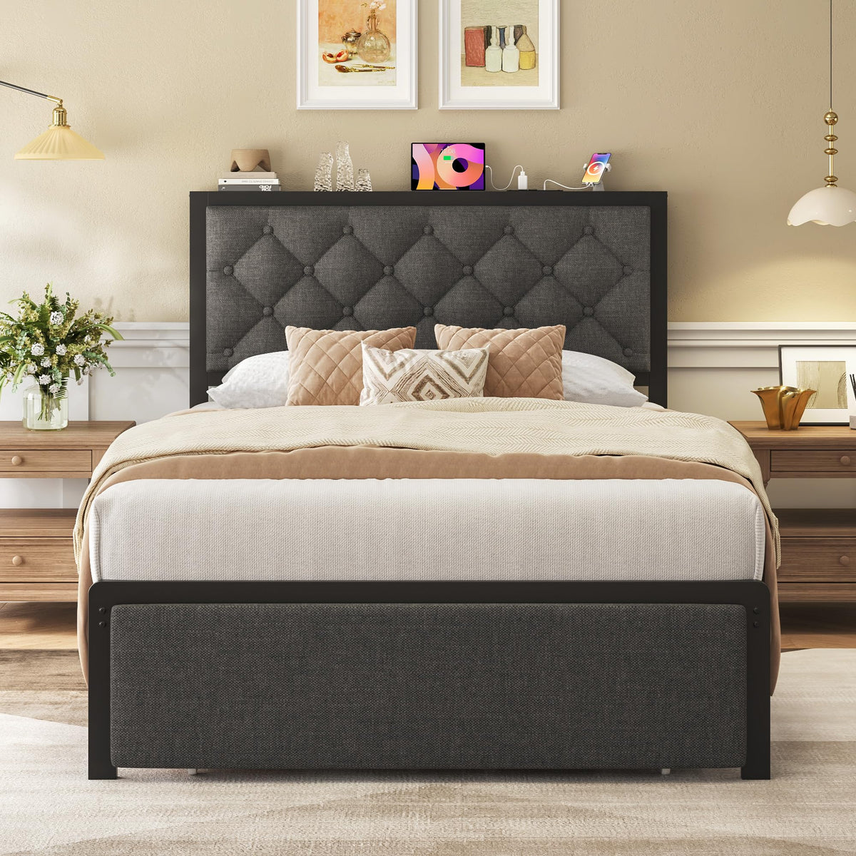 Grey Twin Bed Frame with Storage Drawer G97007