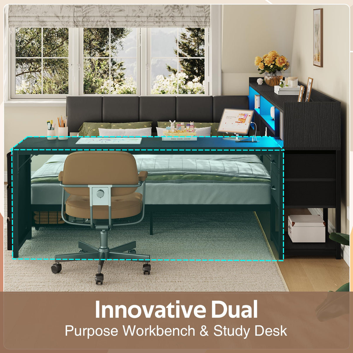 Black Corner Bed Frame Full with Storage and Desk F763637