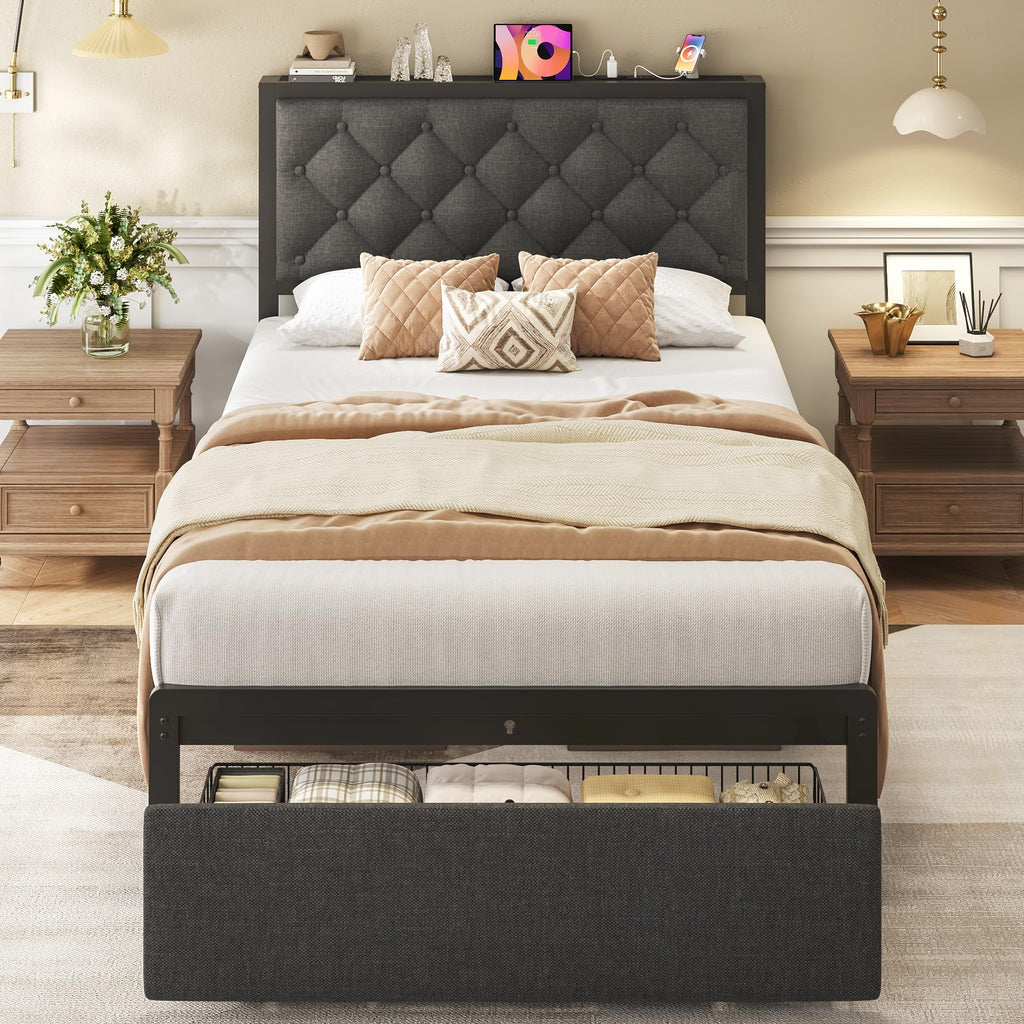 Grey Twin Bed Frame with Storage Drawer G97007