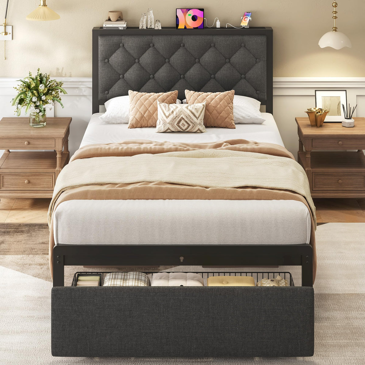 Grey Twin Bed Frame with Storage Drawer G97007